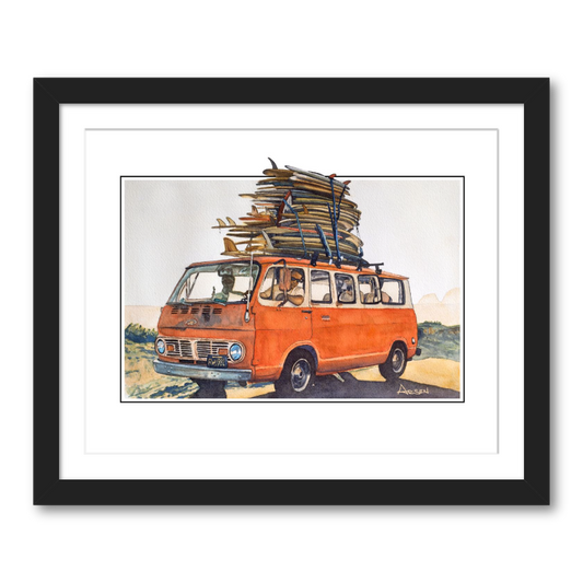 Framed artwork of an orange van with surfboards on a white background