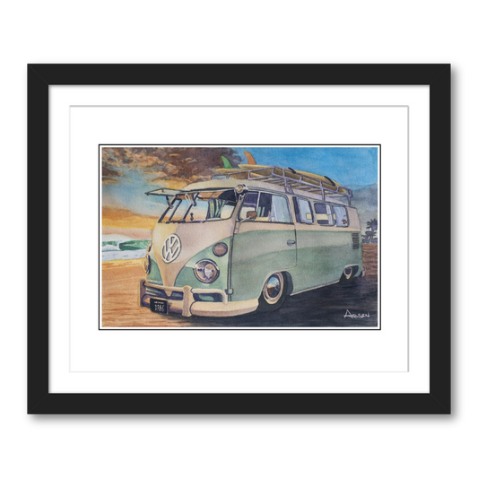 Framed artwork of a vintage van with surfboards on a beach.