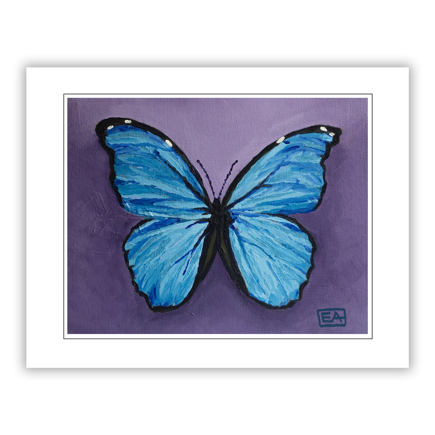 Art print of a blue butterfly on a purple background