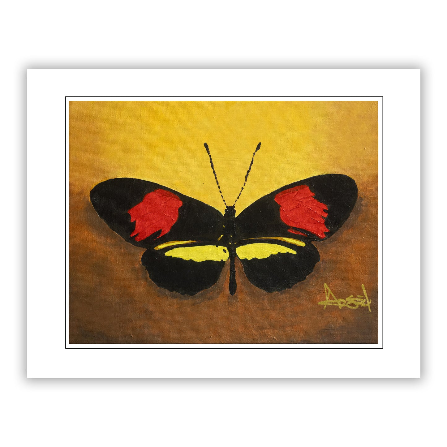 Butterfly painting with red, black, and yellow colors on a textured brown background.
