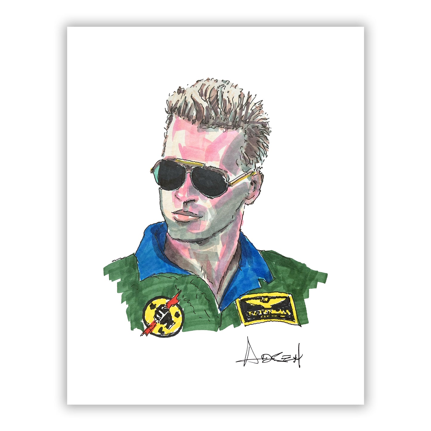 Illustration of Val Kilmer wearing sunglasses and a green jacket with patches on a white background