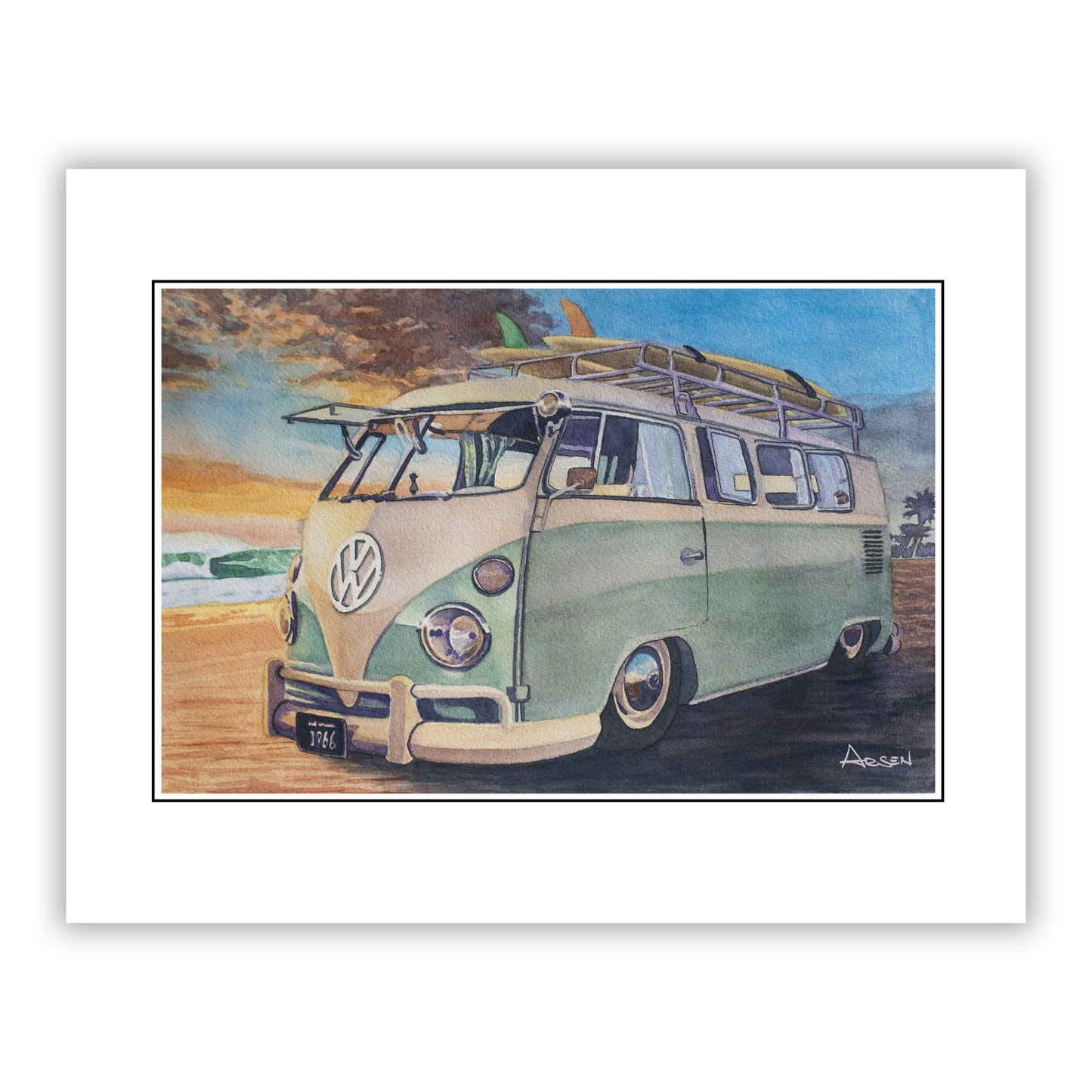 Artistic depiction of a vintage Volkswagen van with a surfboard on a beach.