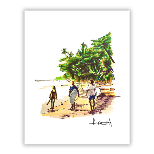 Surfers walking with boards along the beach, pen and marker illustration with warm coastal tones.