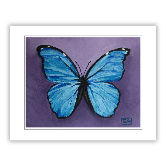 Art print of a blue butterfly on a purple background