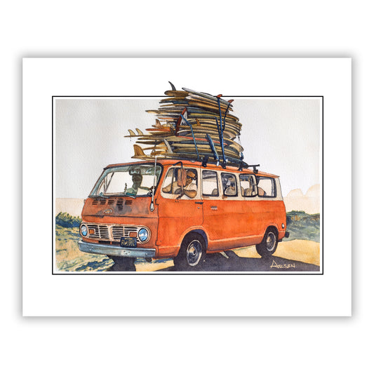 Watercolor painting of an orange Chevy Van with surfboards. 