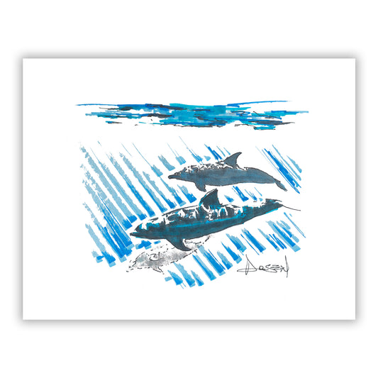 Artistic depiction of two dolphins swimming underwater with blue water and light effects.