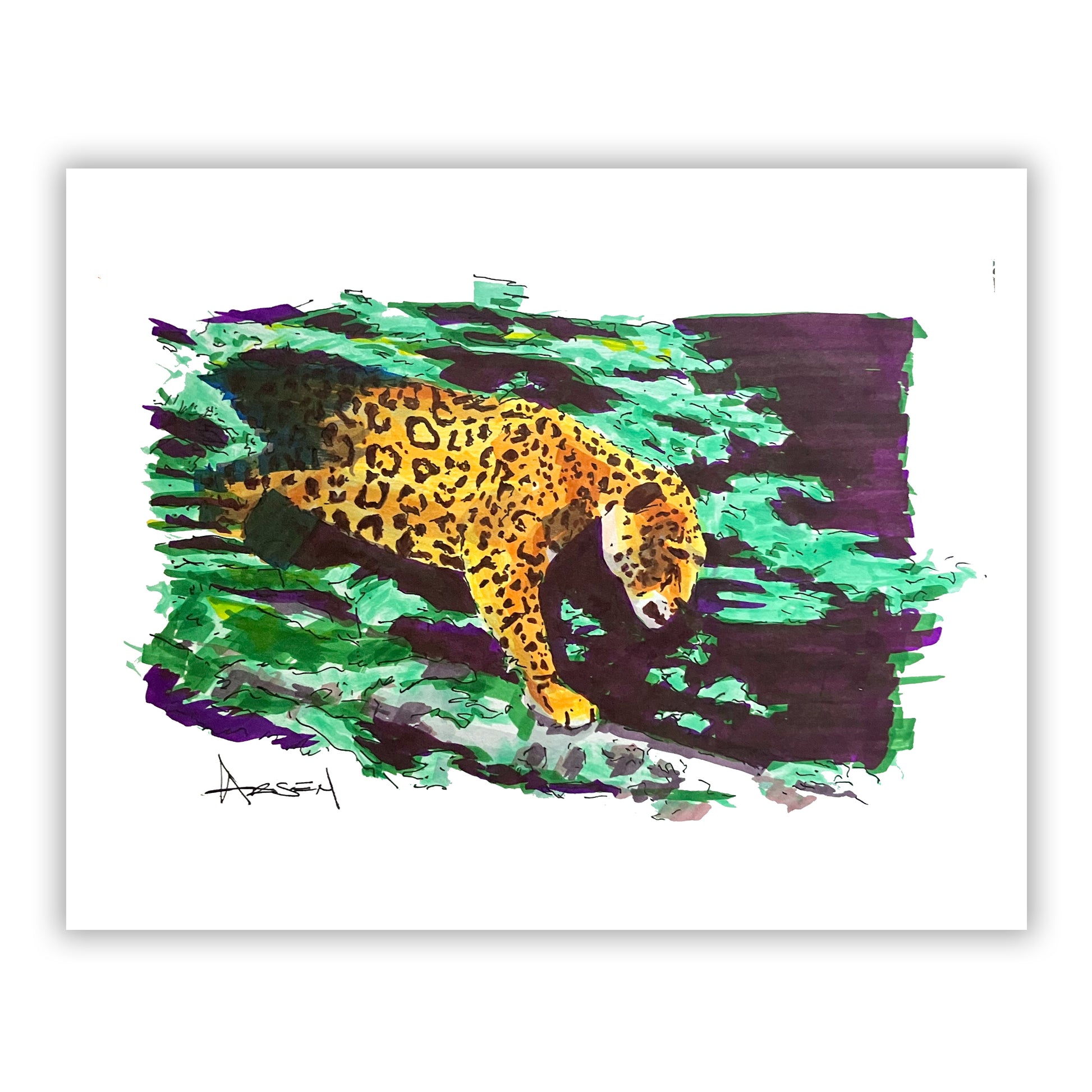 Sketch of a jaguar walking through lush jungle foliage, pen and marker style.