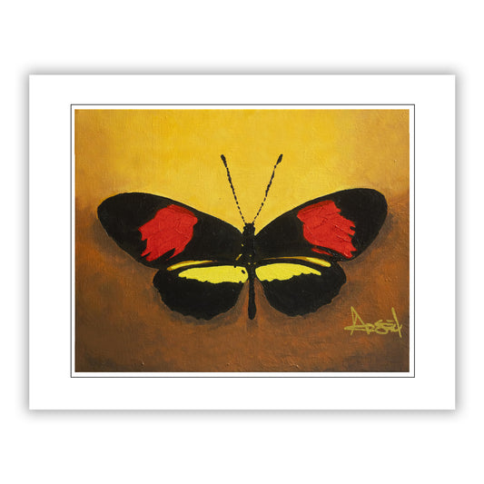 Butterfly painting with red, black, and yellow colors on a textured brown background.