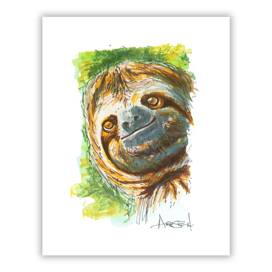 Smiling sloth face in vibrant jungle colors, pen and marker sketch.