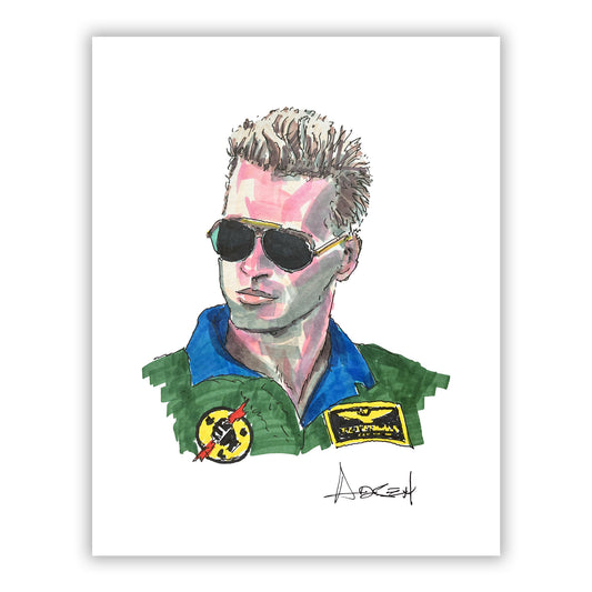 Illustration of Val Kilmer wearing sunglasses and a green jacket with patches on a white background