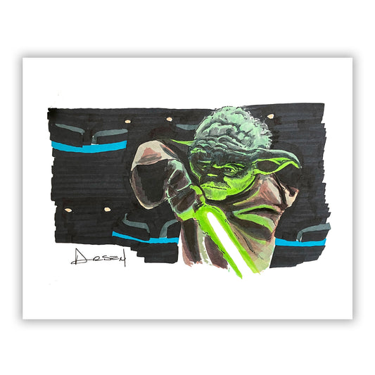 Pen and marker sketch of Yoda wielding a glowing green lightsaber.